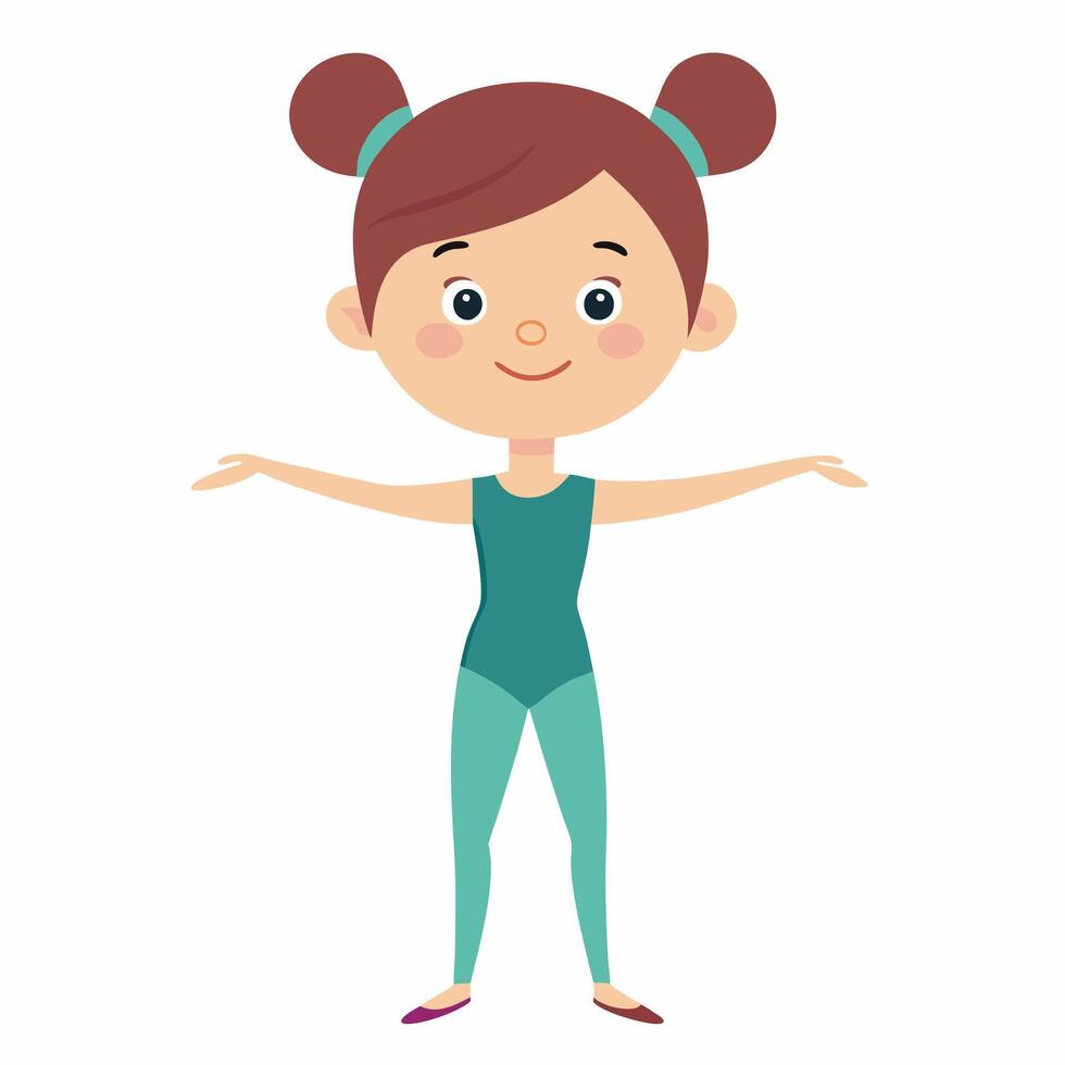 cartoon girl gymnast girl in green clothes . Isolated on white background. Front view vector