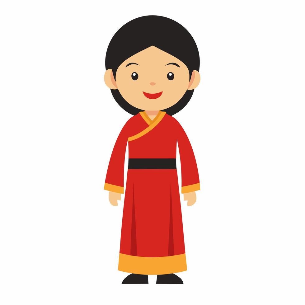 cartoon Chinese woman in traditional clothing. Front view. Isolated on white background. vector