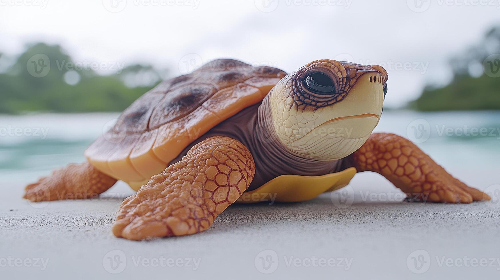 A realistic close-up of a toy turtle on a sandy beach with a blurred ocean background, perfect for beach-themed decor and educational materials. photo