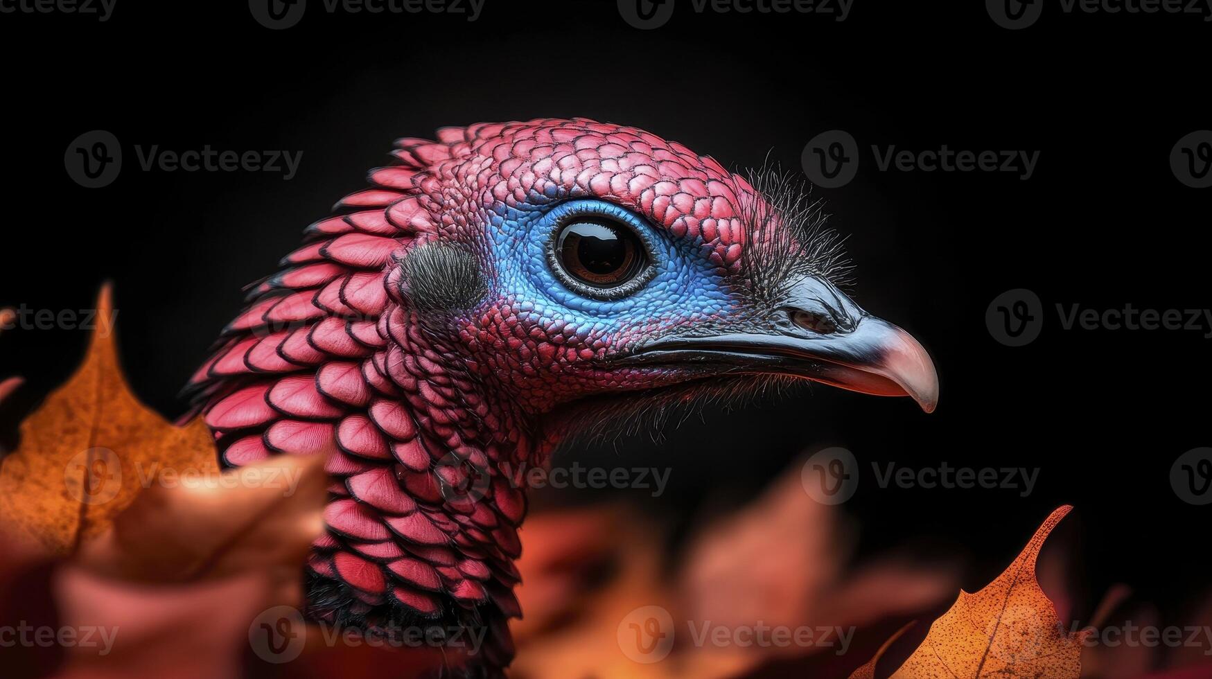 A striking close-up of a vividly colored bird surrounded by autumn leaves, showcasing nature's intricate beauty and the vibrant hues of fall. photo