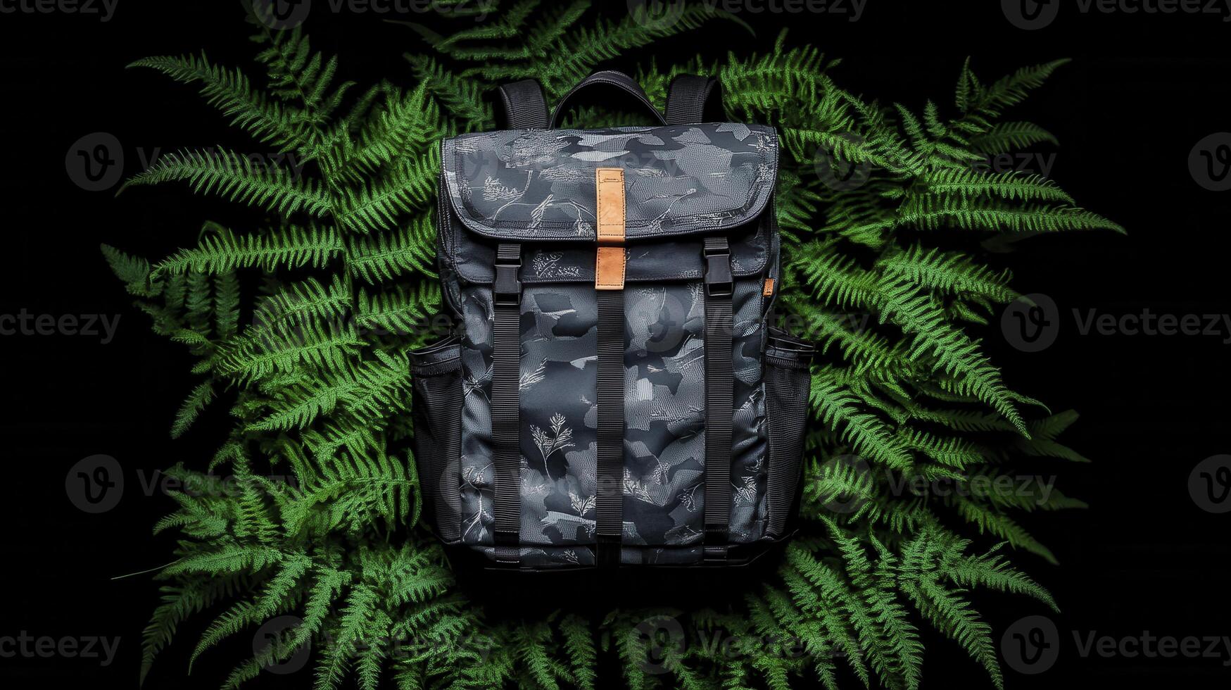 Stylish black camouflage backpack nestled among vibrant green ferns for a striking nature-inspired composition photo