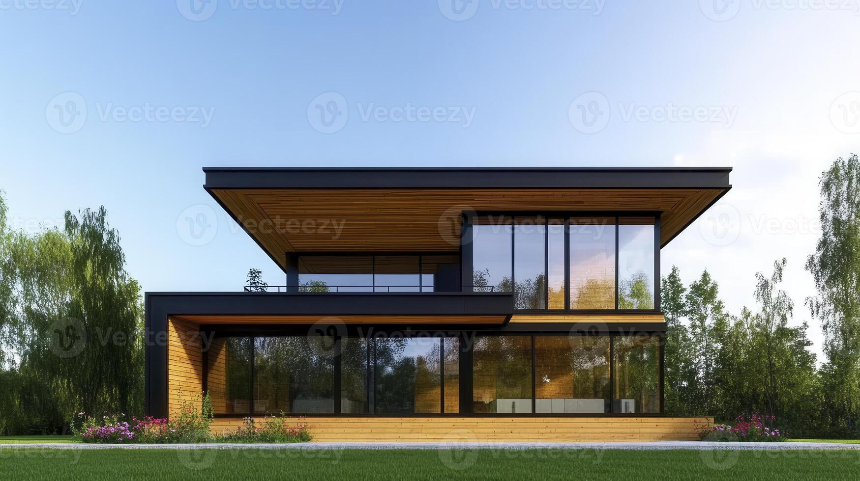 Modern architectural masterpiece showcasing a chic wooden home surrounded by lush greenery and clear blue skies photo