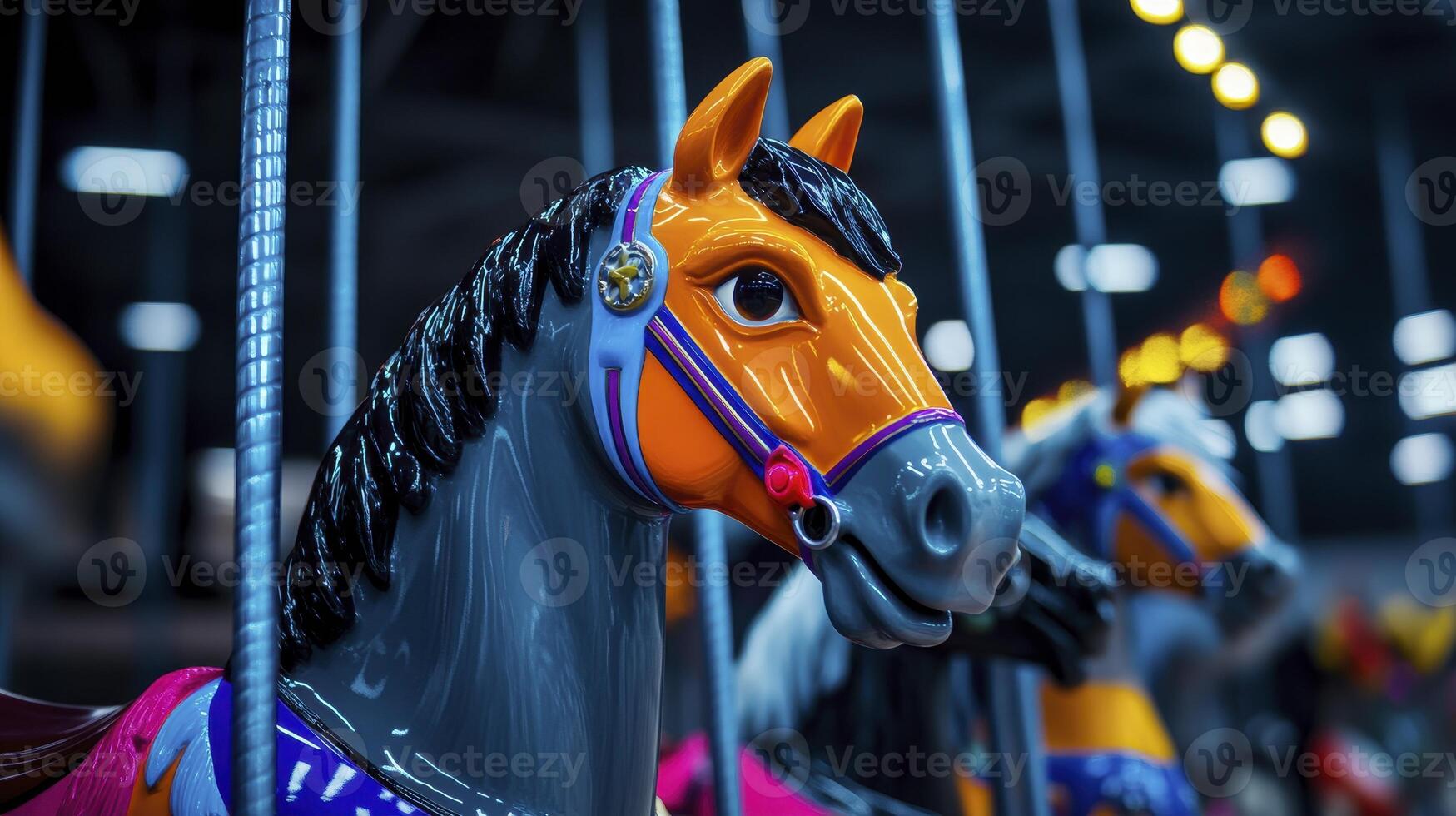 A colorful carousel horse head close-up captured in vibrant light, highlighting playful nostalgia of amusement parks photo