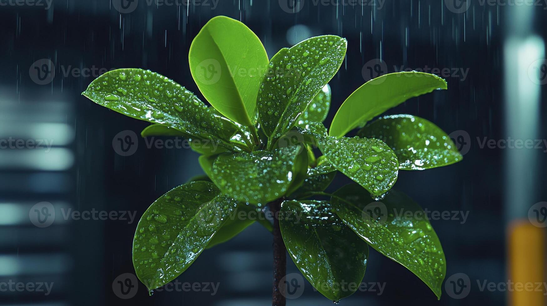 Lush green plant glistening with raindrops captured in a dramatic indoor setting with soft lighting photo
