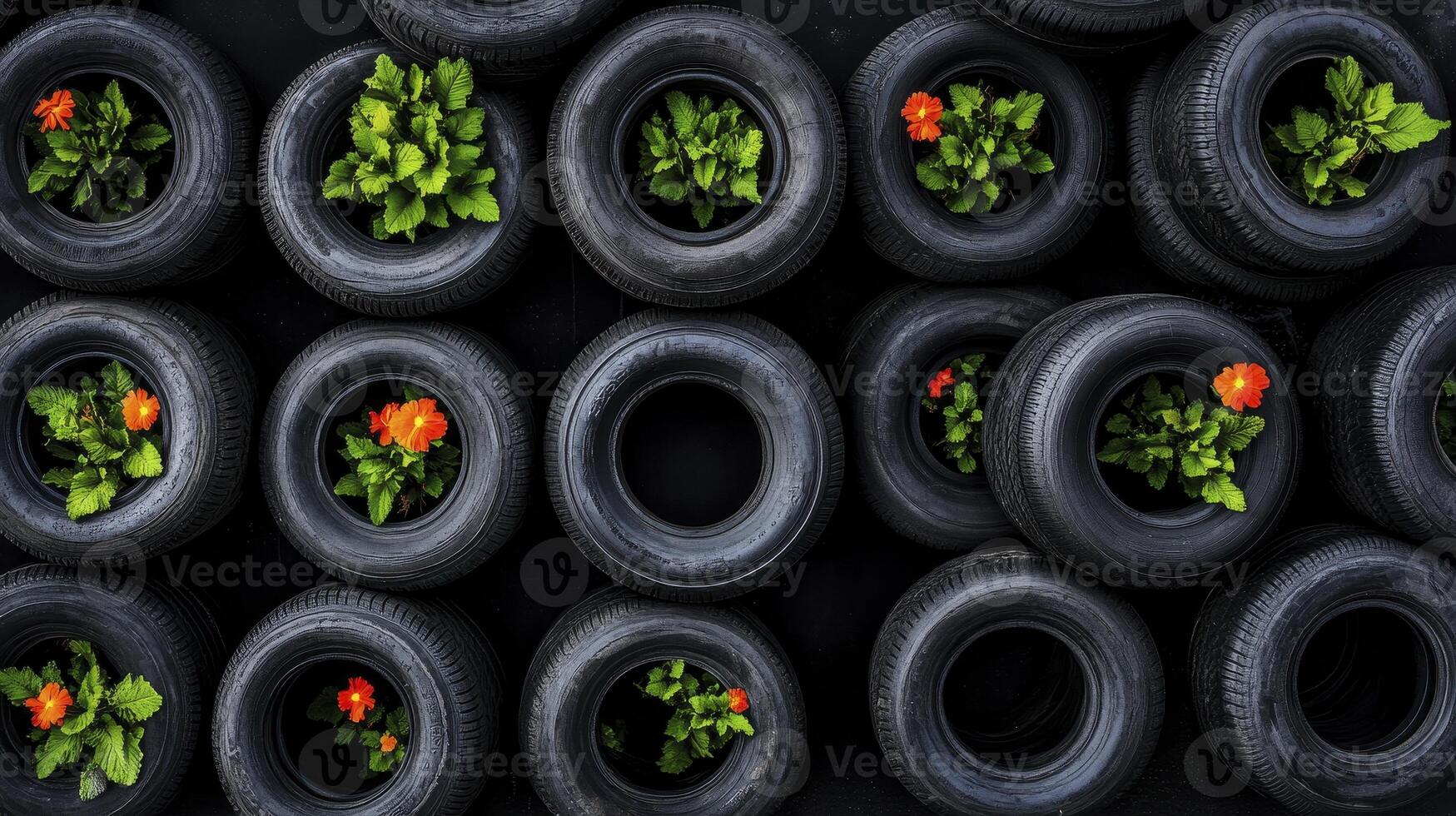 Colorful flowers blooming in recycled black tires arranged in a striking vertical garden display photo