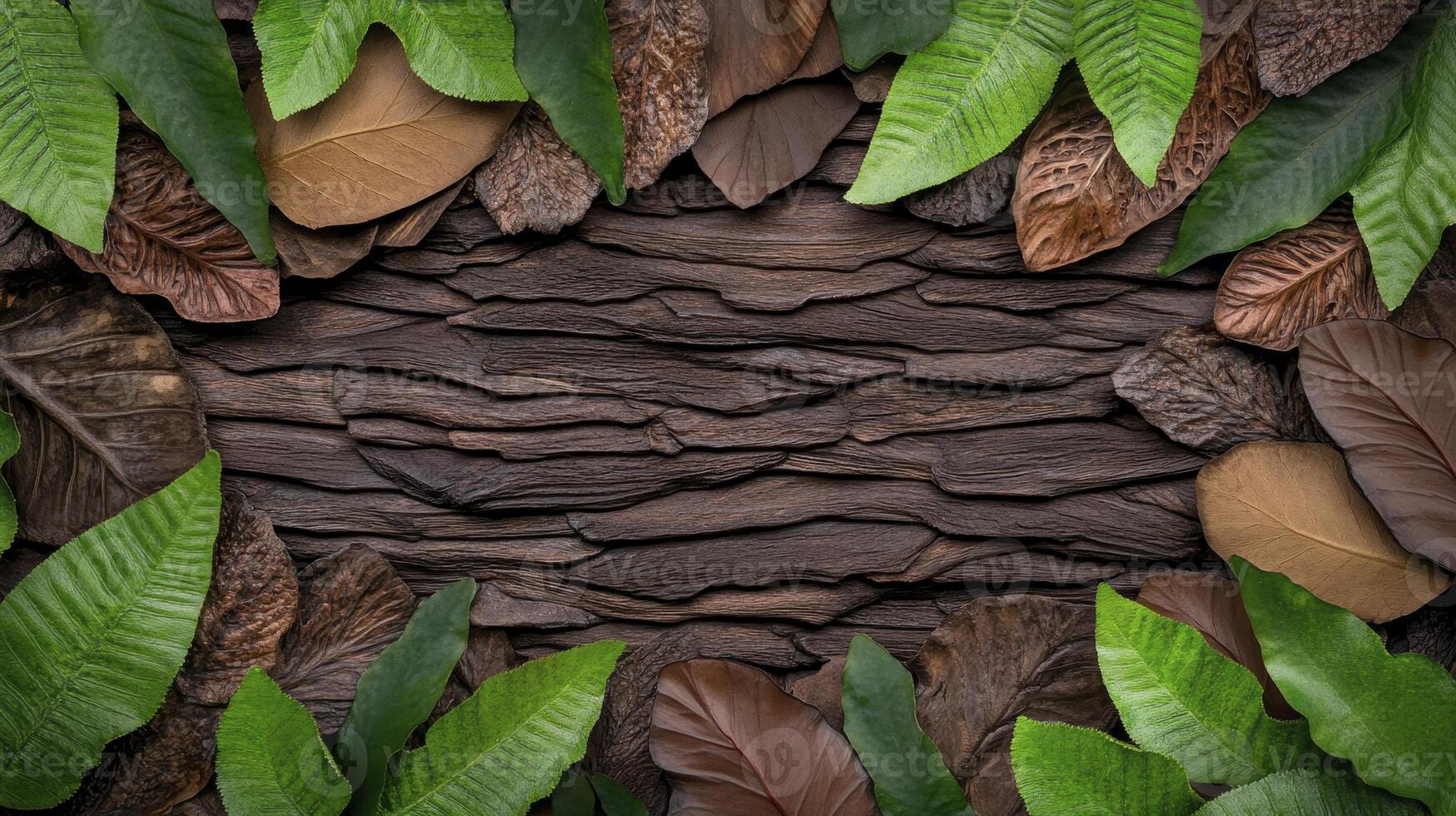 A beautiful arrangement of assorted green and brown leaves framing a textured wooden background for nature-inspired design. photo