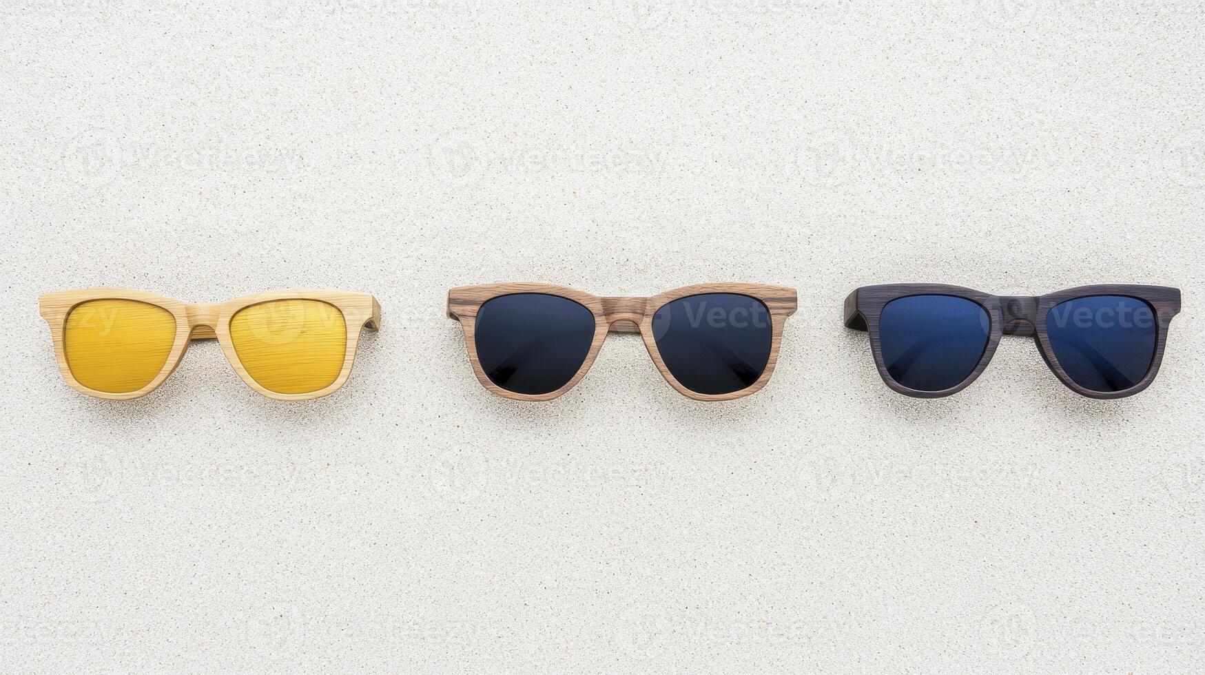 A stylish collection of wooden sunglasses showcasing different colors set against a sandy background photo
