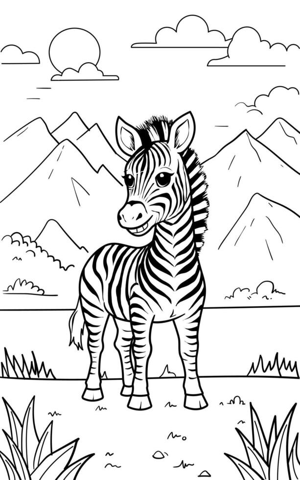 Black and white simple line art illustration of a cute Zebra smiling, perfect for kids coloring books. vector