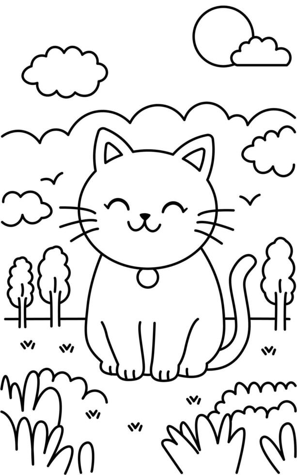 Black and white simple line art illustration of a cute cat sitting and smiling, perfect for kids coloring books. vector