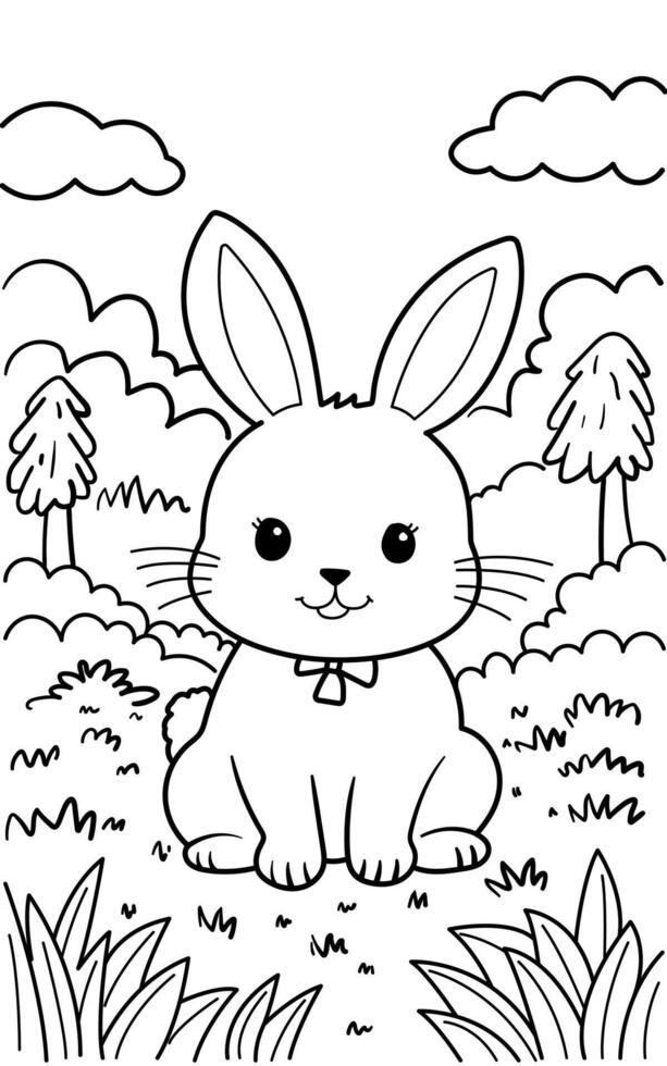 Black and white simple line art illustration of a cute rabbit sitting and smiling, perfect for kids coloring books. vector