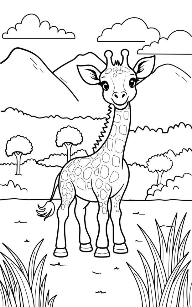 Black and white simple line art illustration of a cute Giraffe smiling, perfect for kids' coloring books. vector