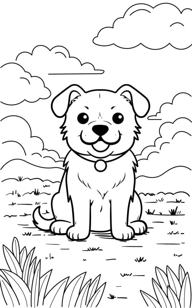 Black and white simple line art illustration of a cute Dog sitting and smiling, perfect for kids coloring books. vector