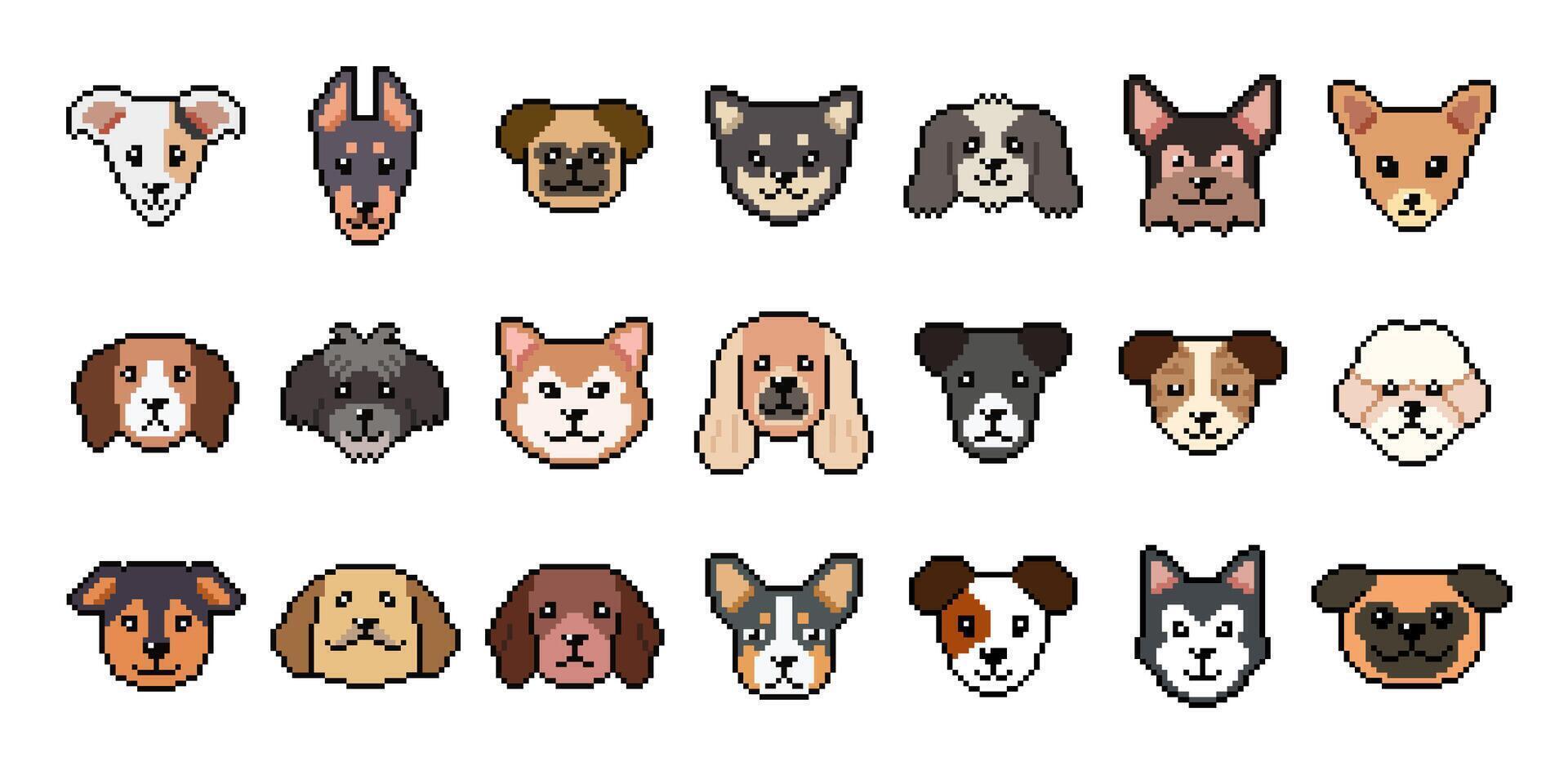 Different type of pixel art dog faces in retro style for design. vector