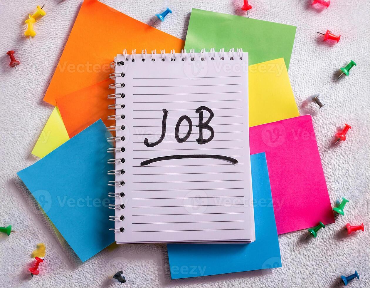 Job Reminder Note Surrounded by Colorful Paper Notes, Top View photo