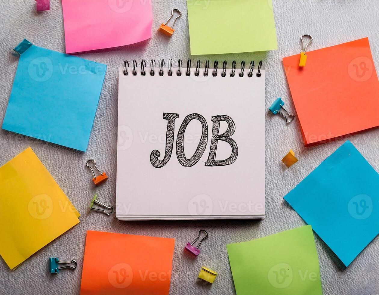 Top View of Job Written Note with Colorful Sticky Notes on Light Background photo