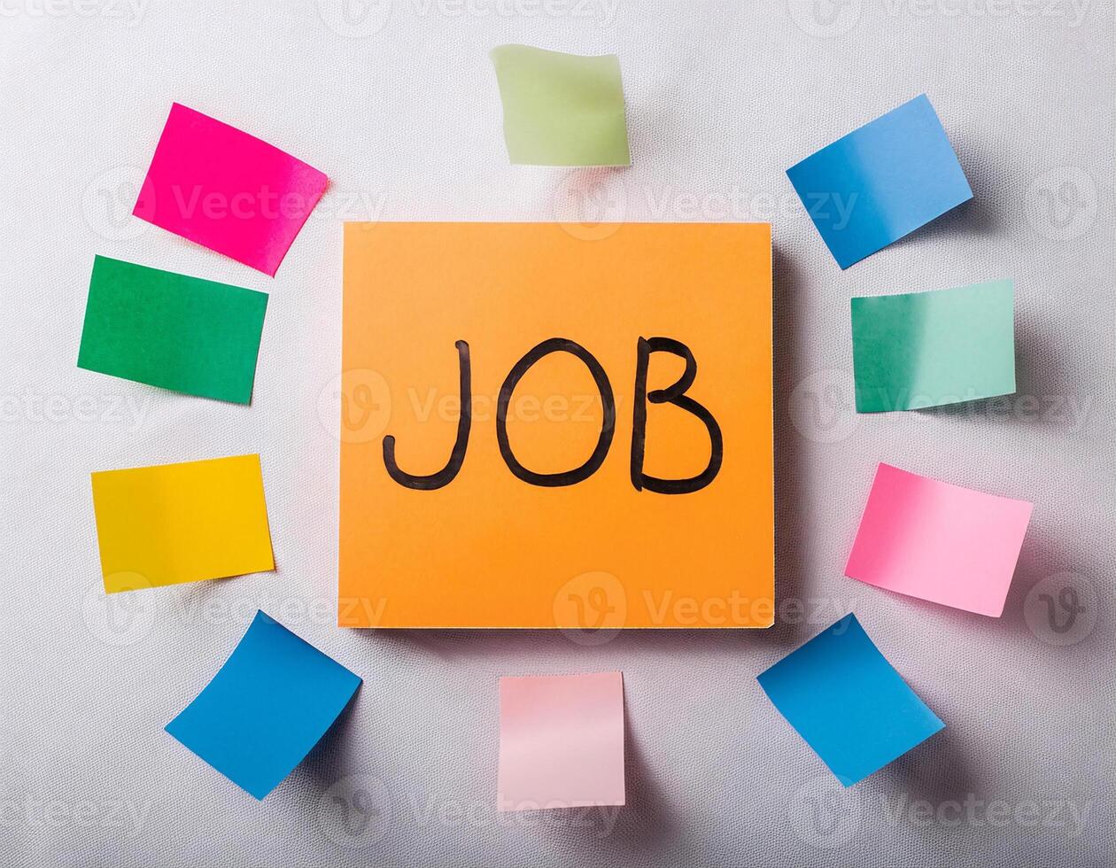 Job Written on a Note with Colorful Paper Around, Stationery Concept photo