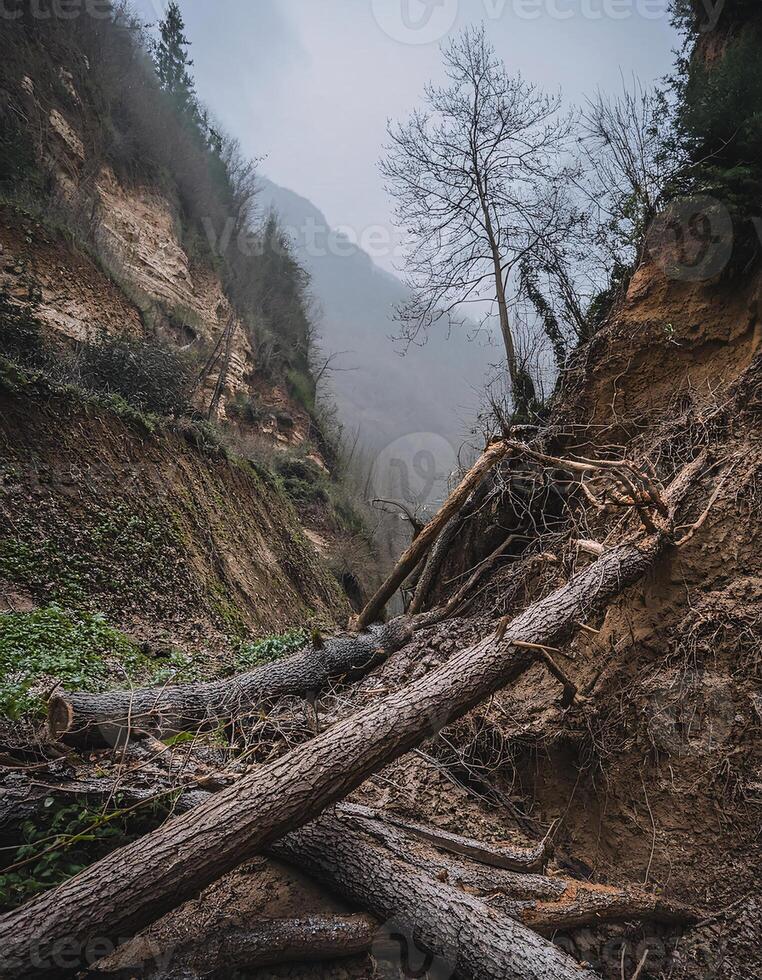 Dramatic Scene of a Fallen Tree Hanging Over a Deep Abyss photo