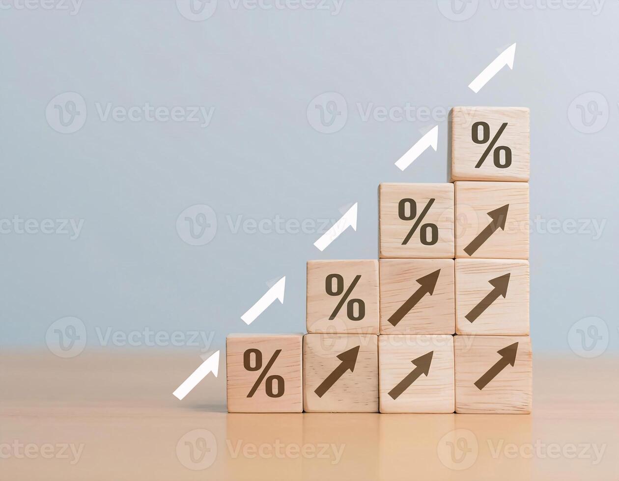 Stacked Wooden Cubes with Percentage Signs and Upward Arrows for Growth Concept photo