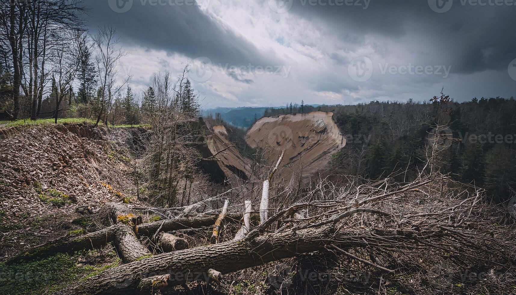 Mysterious Dark Forest with a Fallen Tree Over a Ravine photo