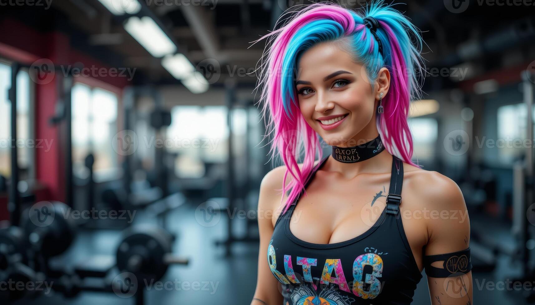 copy space Rock Style Tattooed and Colorful-Haired Woman Smiling in the Gym photo