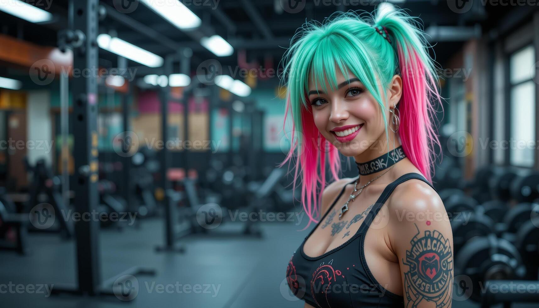 Rock Style Tattooed and Colorful-Haired Woman Smiling in the Gym horzontal photo