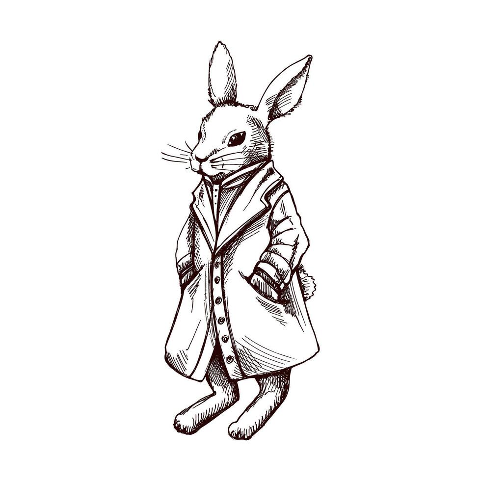 Hand drawn vintage sketch of anthropomorphic rabbit in coat vector