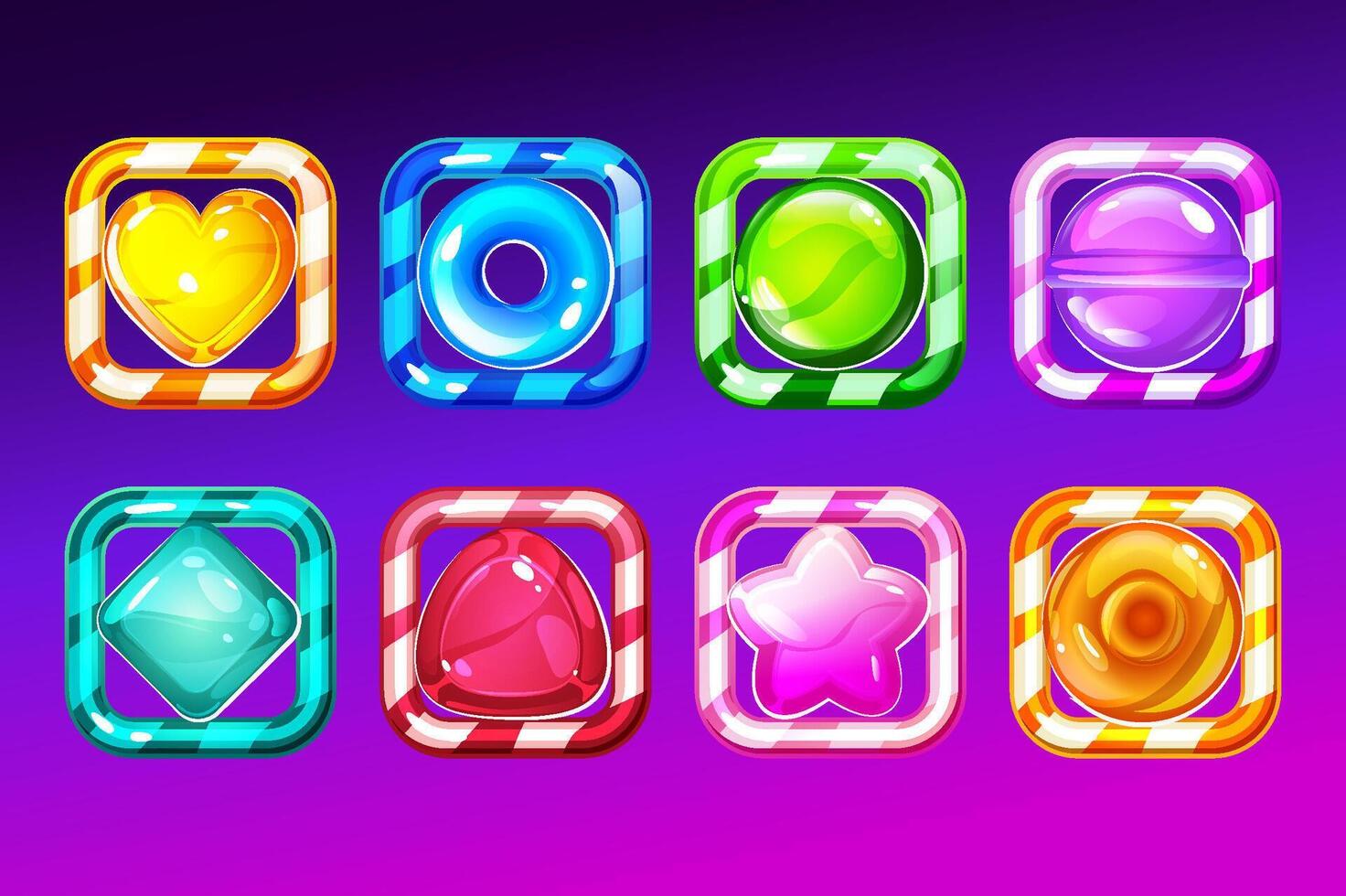 Set of candy app icons, game ui square buttons, cartoon lollipop menu interface, colorful blocks with stripes. Gui graphic design elements for user panel settings, isolated 2d illustration vector