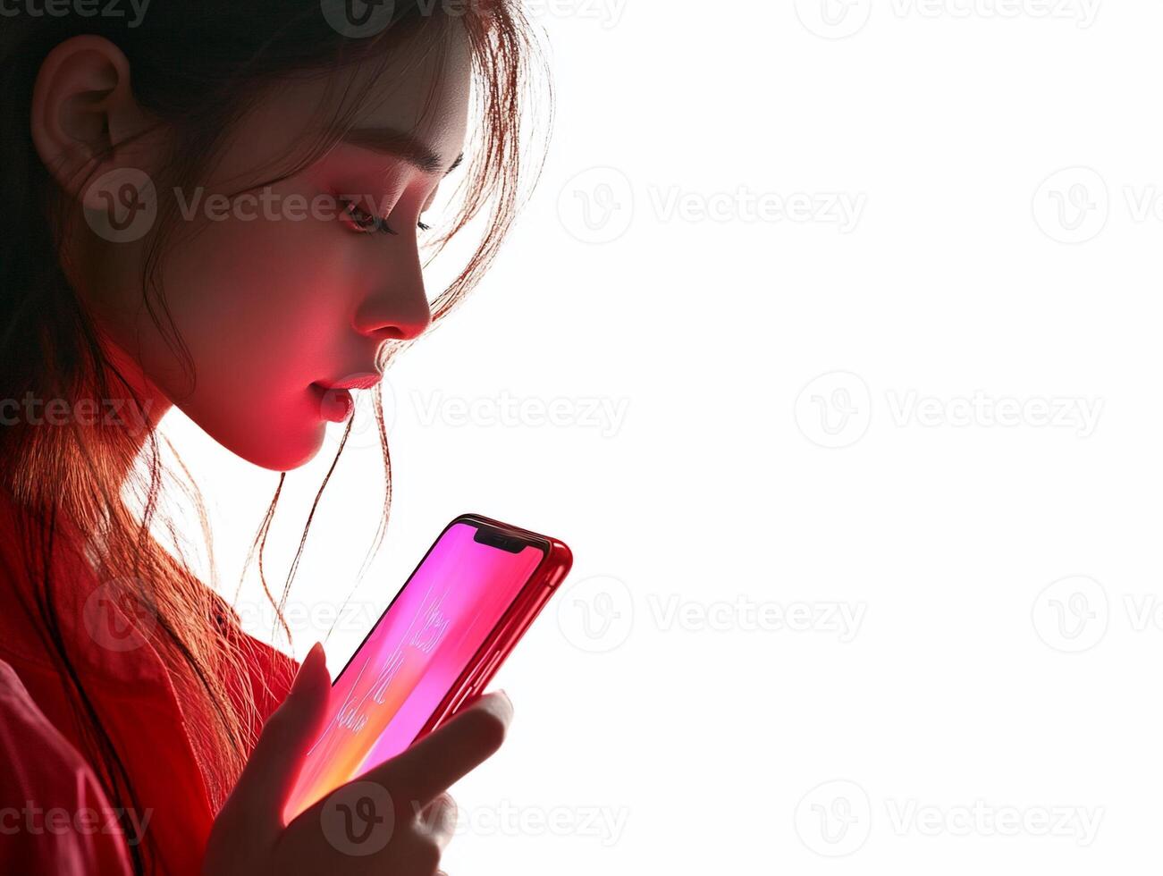 Woman using phone, red light, profile view, white background, tech advertisement photo