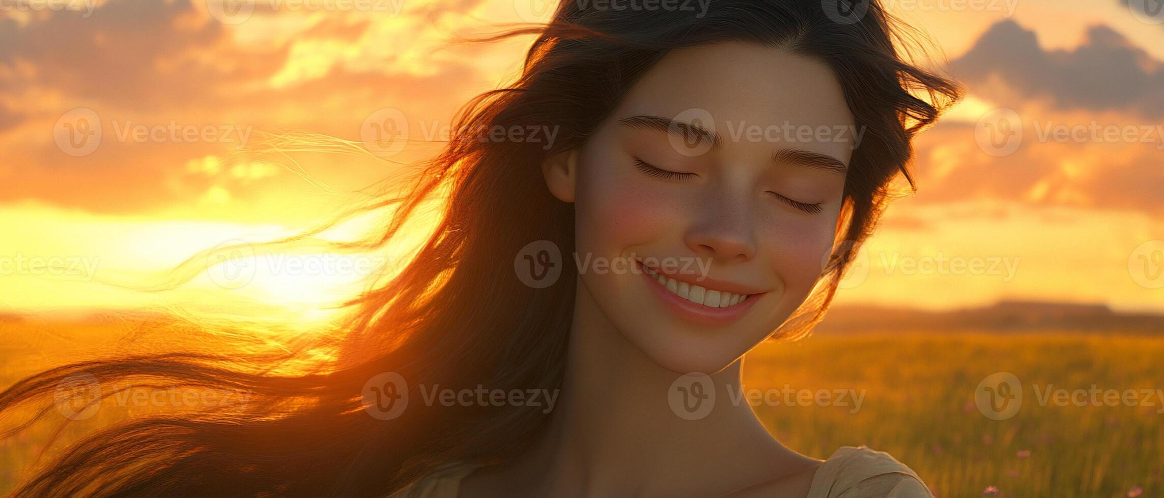 Woman smiles at sunset, field background photo