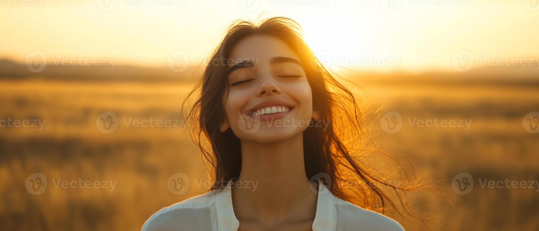 Woman sunset field happiness peace nature photo