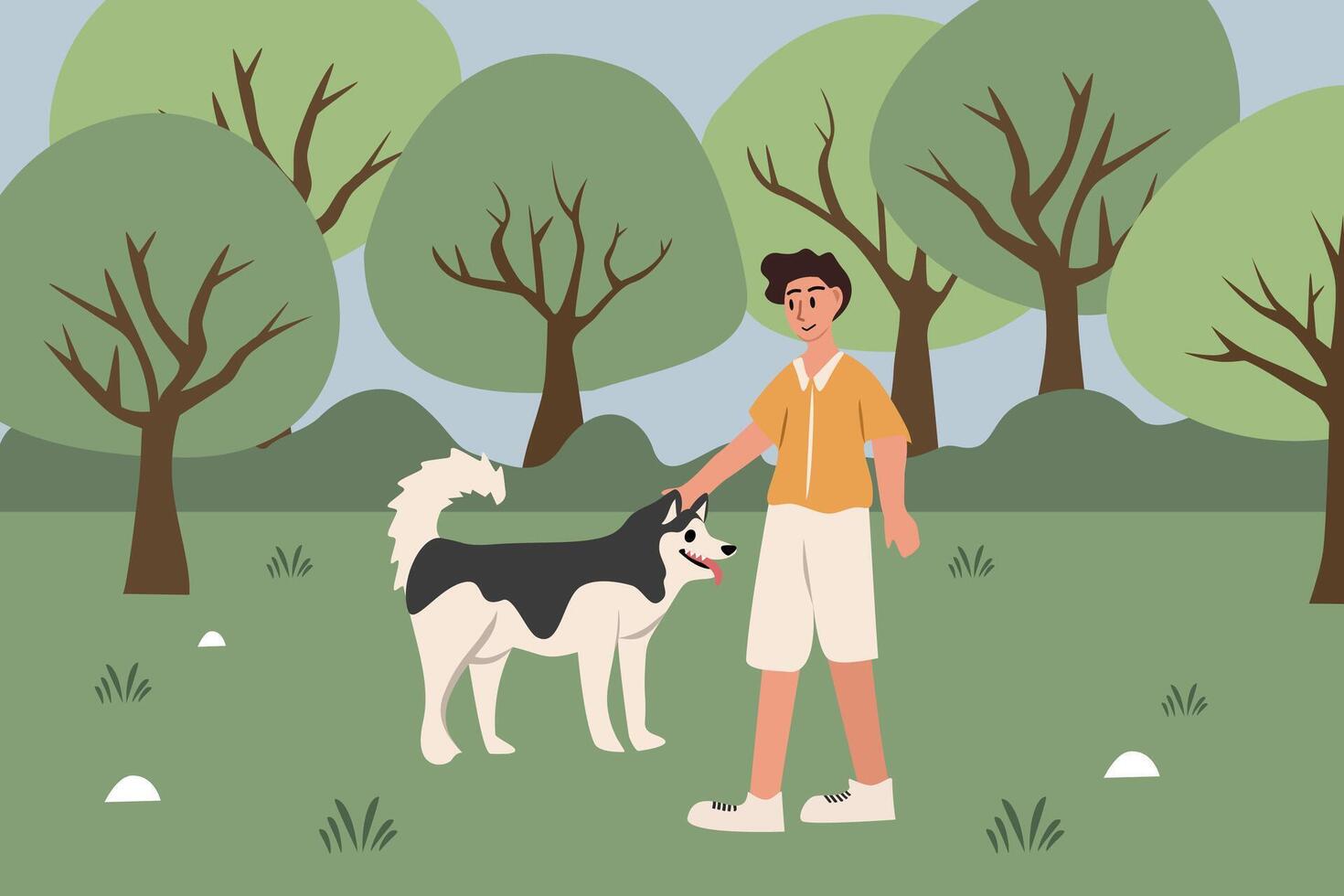Man with the dog in the park. Husky dog. Canine. Man stroking dog. Urban park. Man walking with the dog. vector