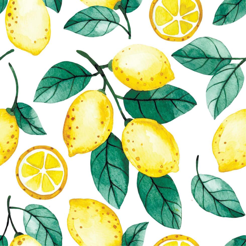 watercolor image, seamless pattern of lemon fruits and leaves. cute cartoon print vector