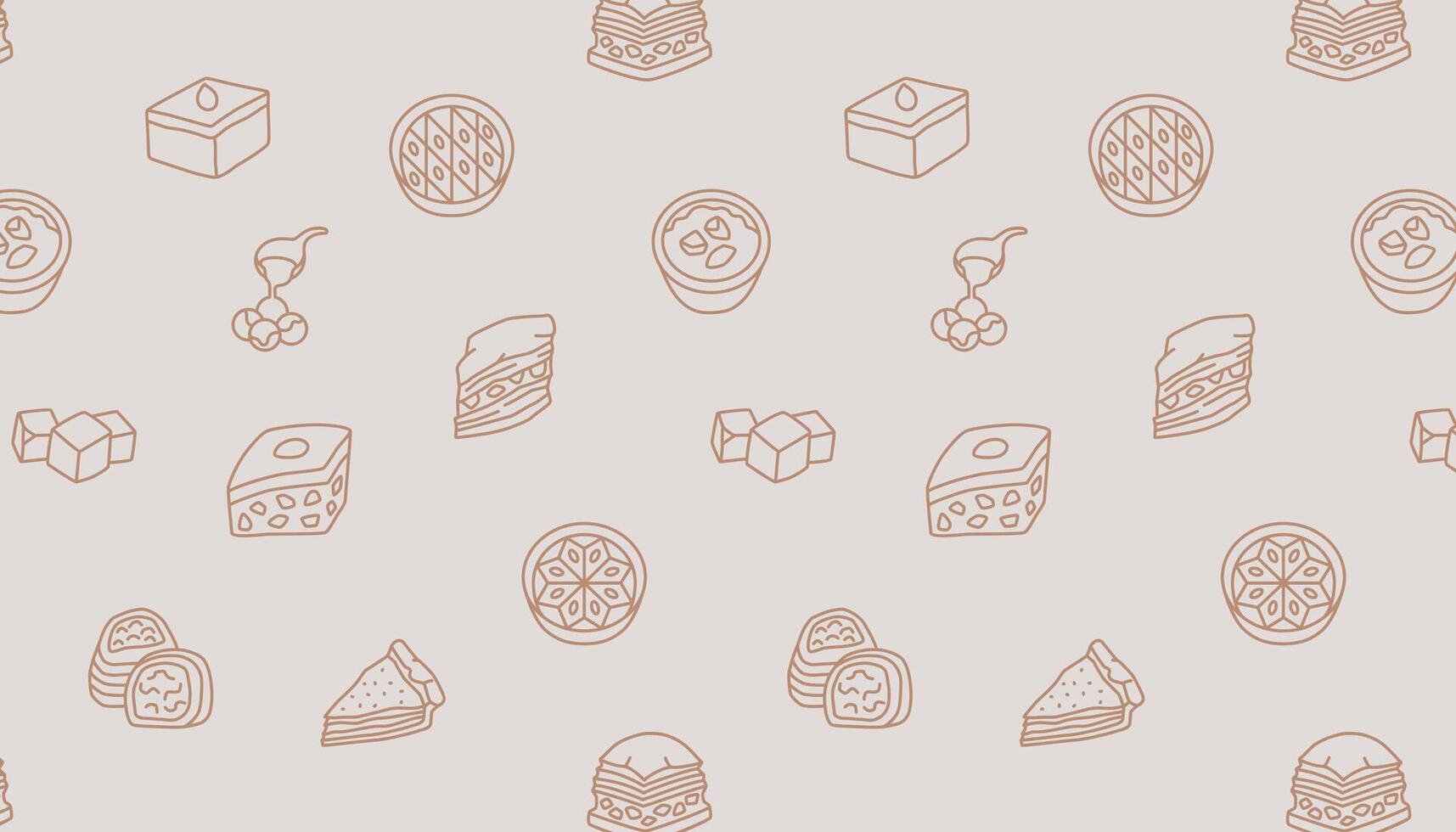 pattern featuring various dessert-themed illustrations, including slices of Basbousa, Baklava, Kadaif vector