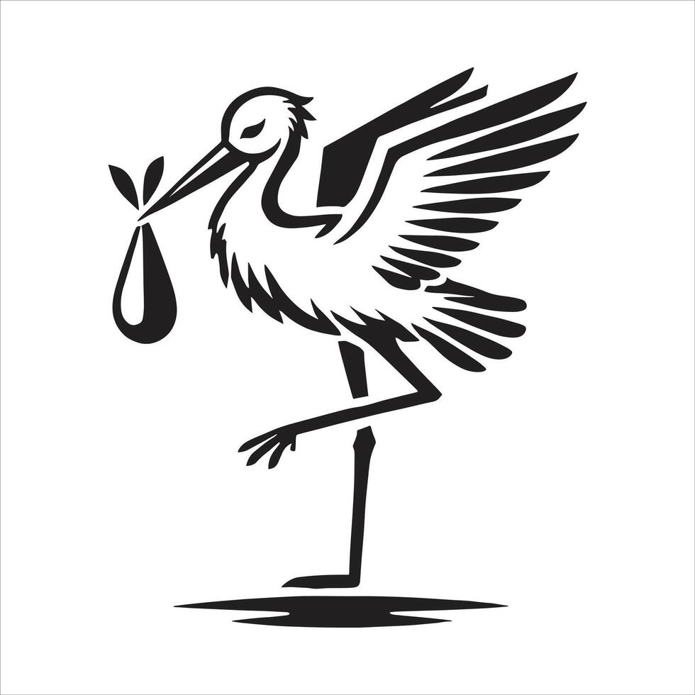 A black and white illustration of a stork carrying a baby vector