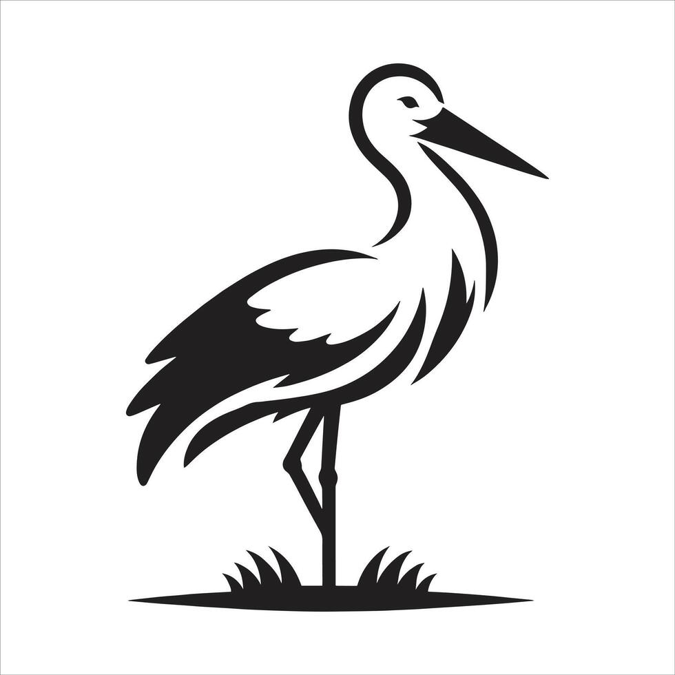 A black and white illustration of a stork vector