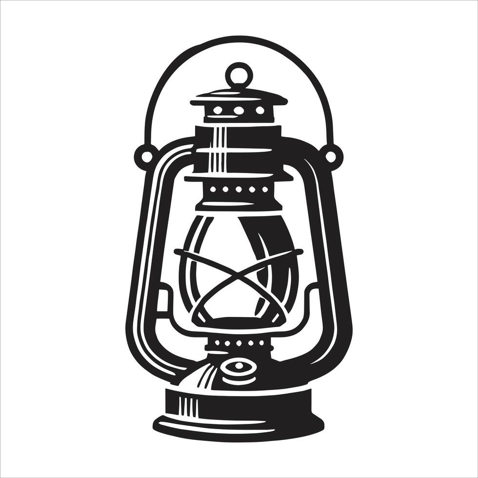 An old lantern is shown in black and white vector