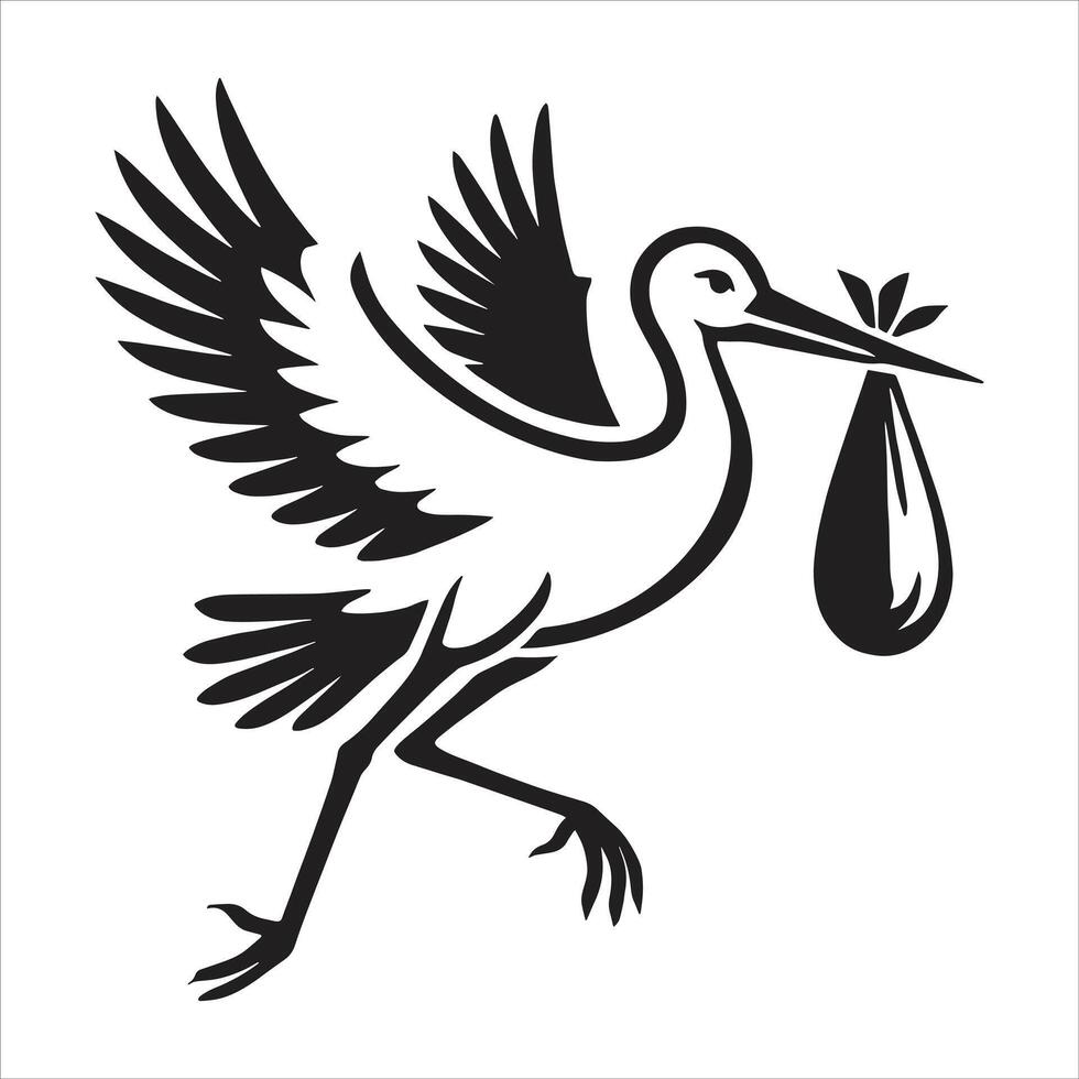 A black and white illustration of a stork carrying a baby vector