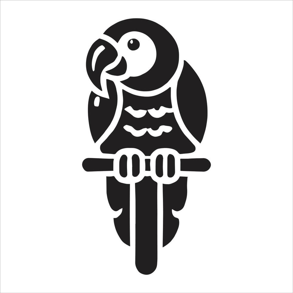 A black and white illustration of a parrot sitting on a branch vector