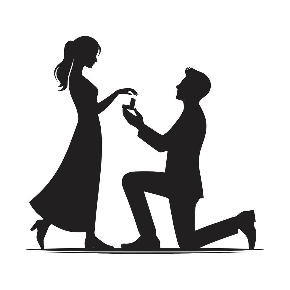 Silhouette of a man kneeling down to propose to a woman vector