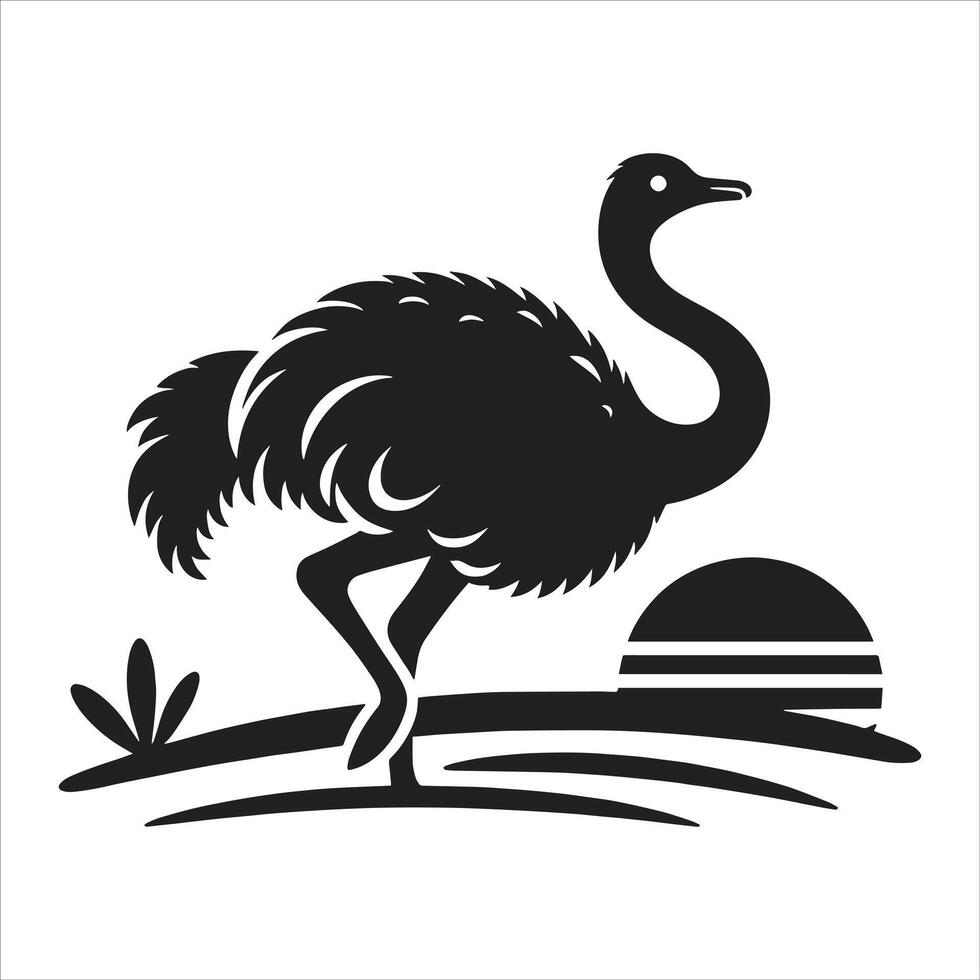 An ostrich silhouette is shown in black and white vector