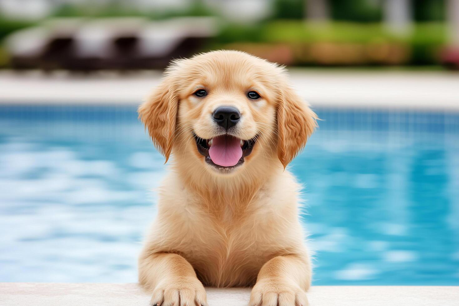 Adorable Golden Labrador Retriever Puppy Joyfully Playing by Swimming Pool in Summer Fun photo