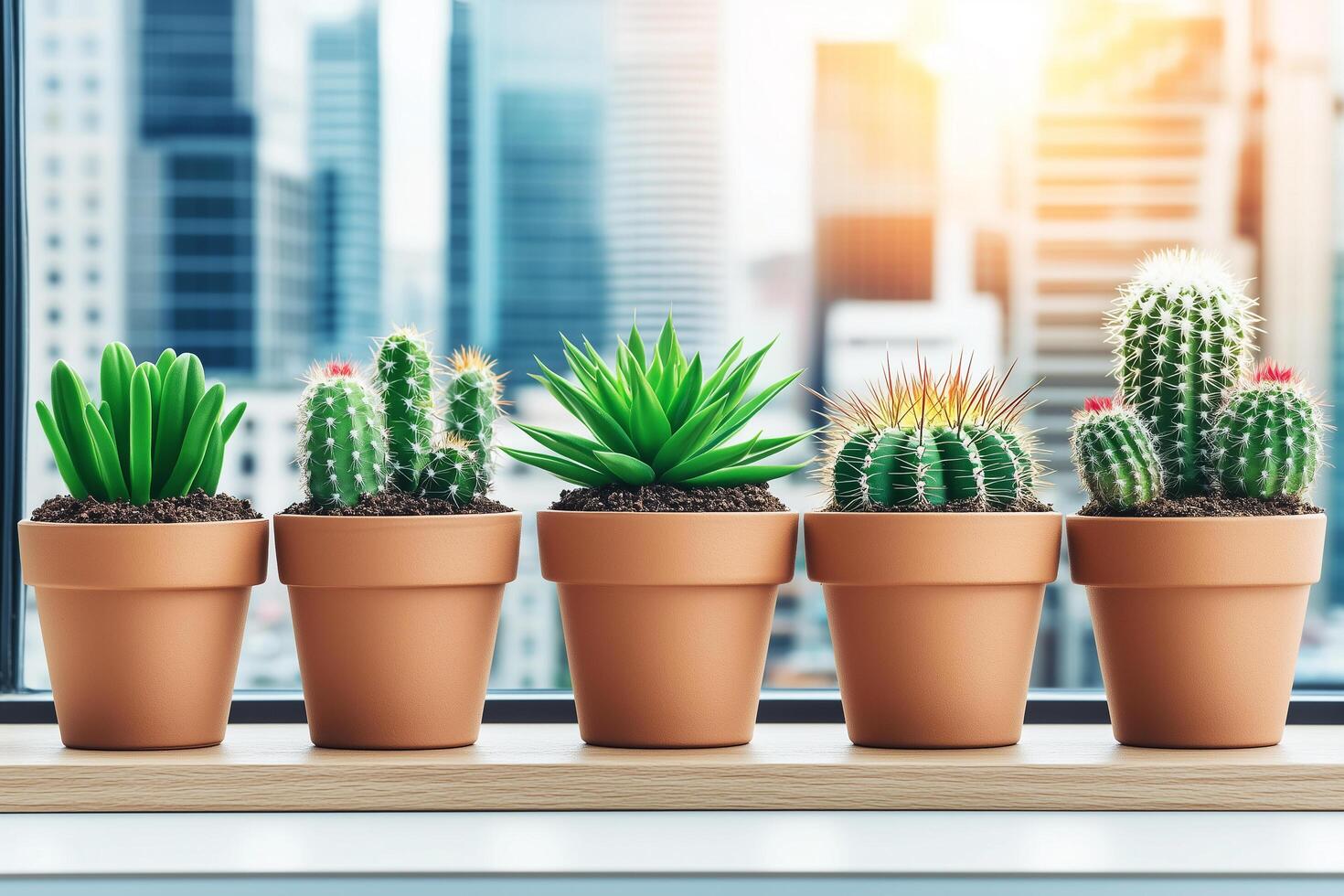 Cacti and Succulents Arranged in Flower Pots by Window Overlooking Urban Cityscape in Spring photo