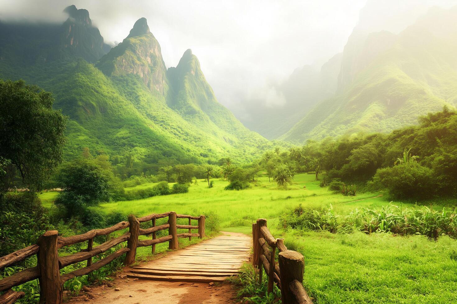 Majestic Sunrise View of a Tranquil Footbridge Leading to a Serene Beach in a Lush Landscape photo