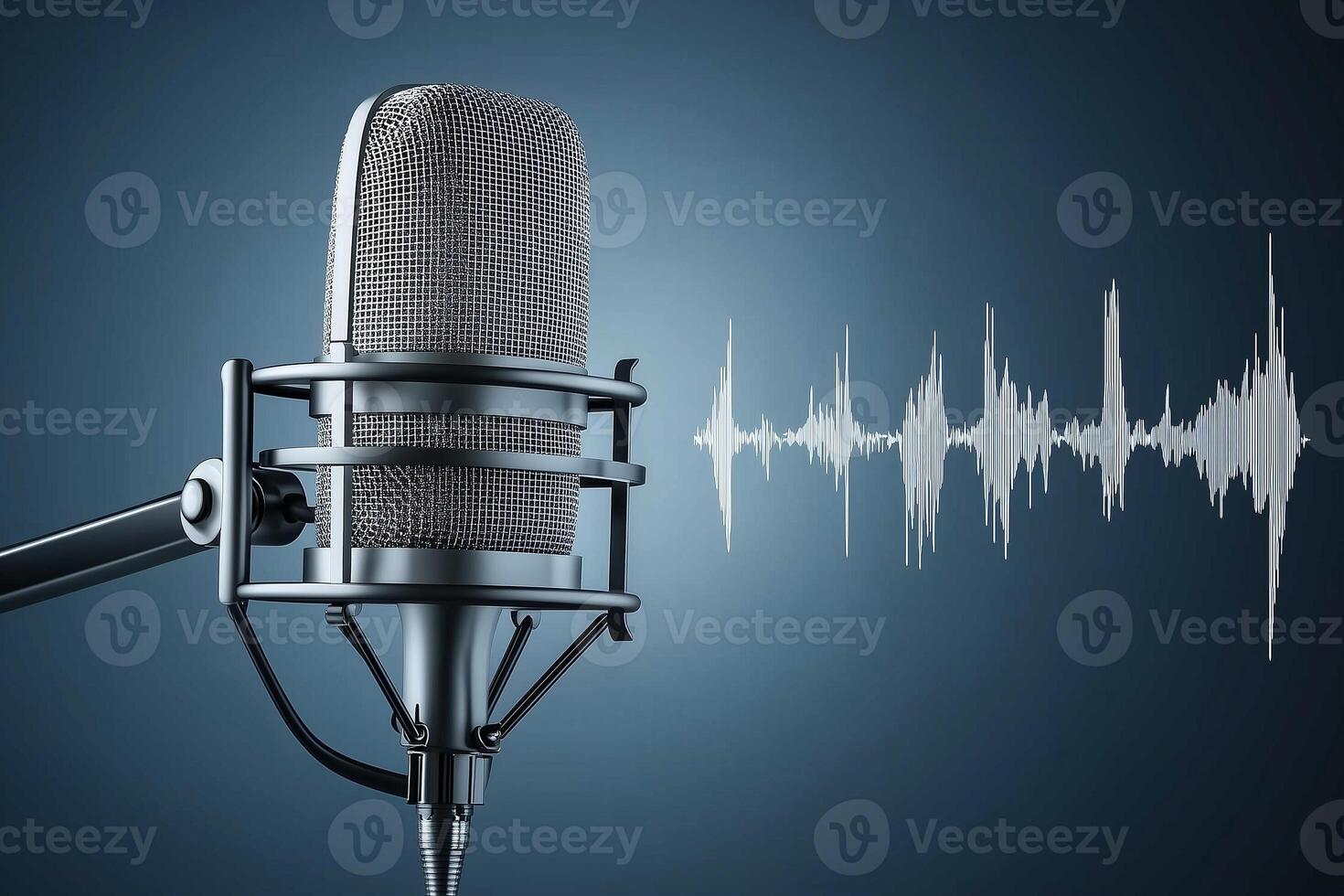Professional Microphone with Audio Waveform on Pastel Blue Background for Broadcast or Podcast Use photo