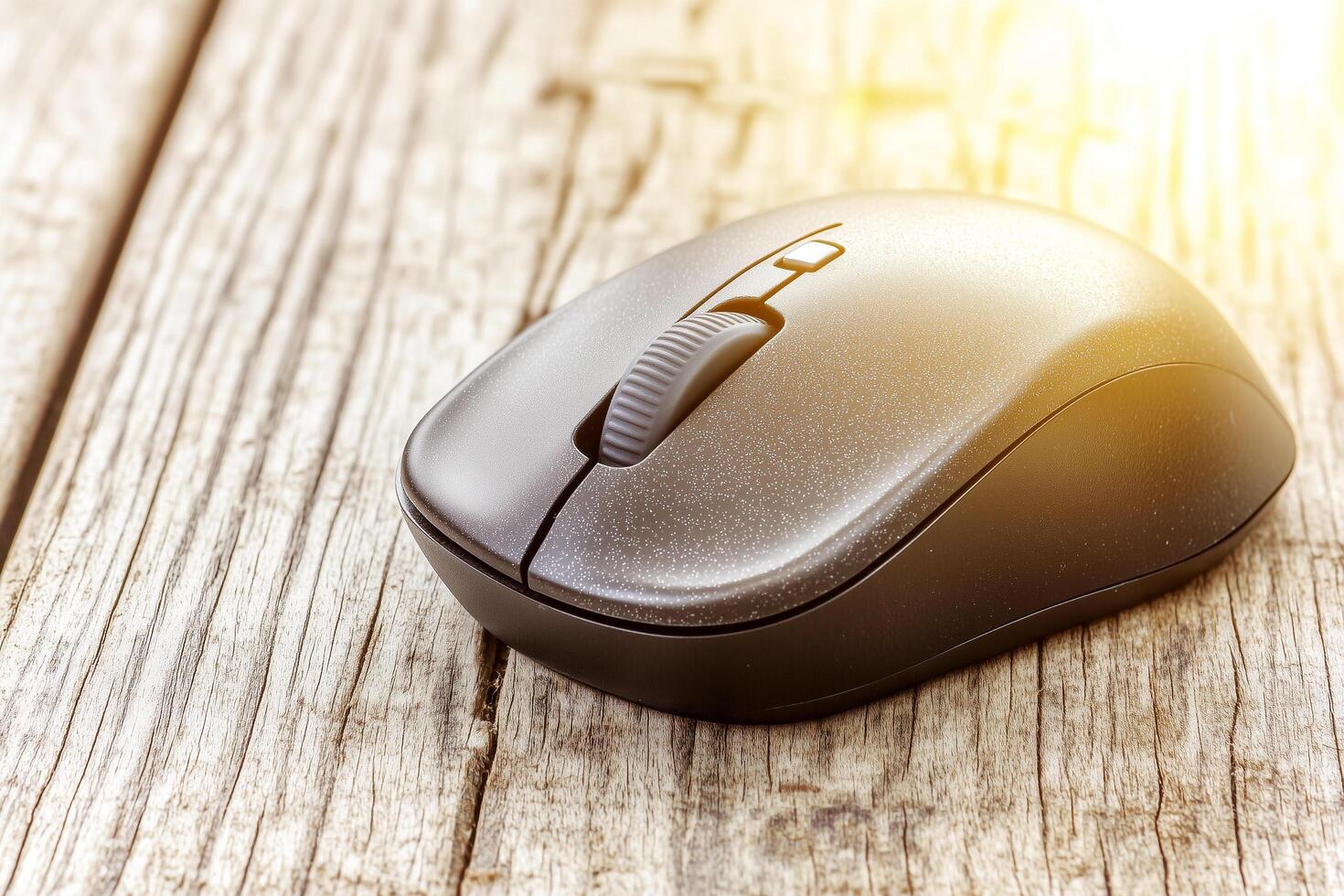 Close-Up of Computer Mouse on Wooden Table Surface with Soft Lighting and Textured Detail photo