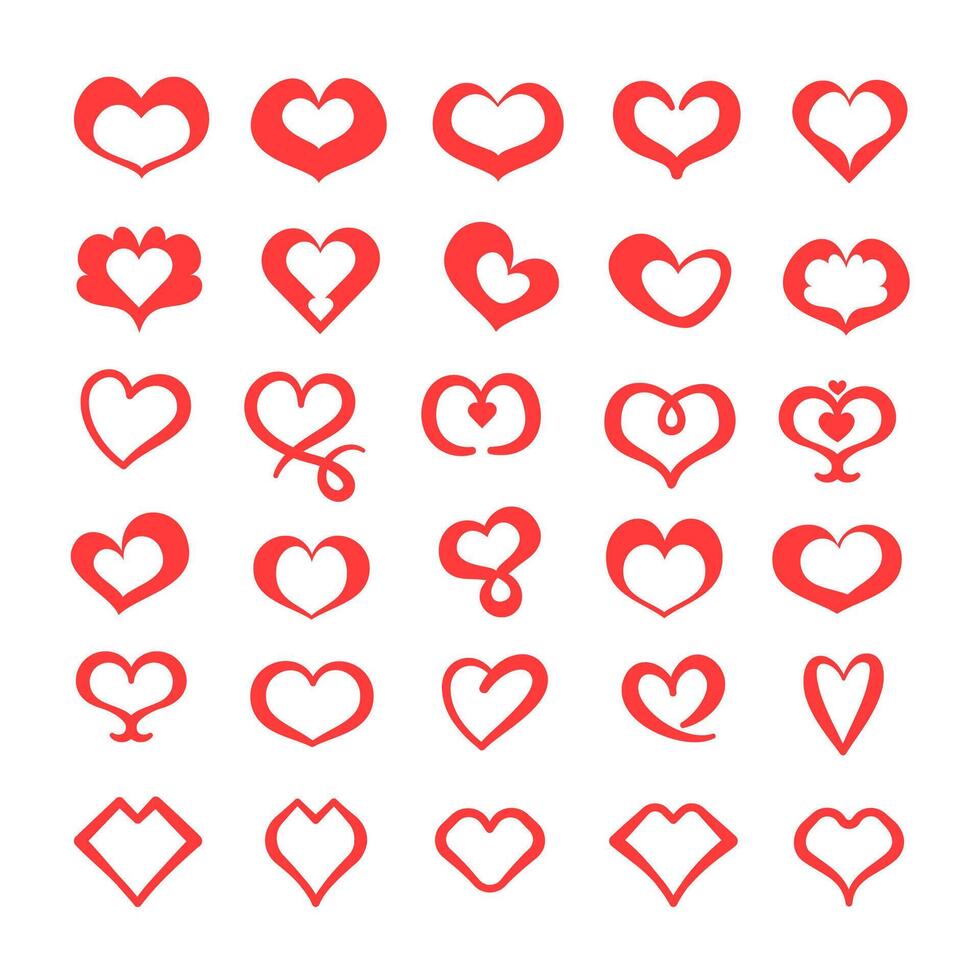 Red heart hand drawn icons. Valentine's day shaped elements heart set in different pose and style. vector