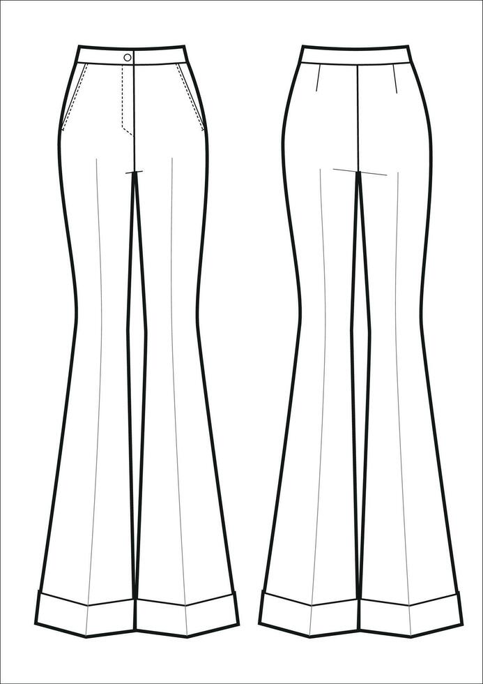 flared pants isolated, front and back. Black and white vector