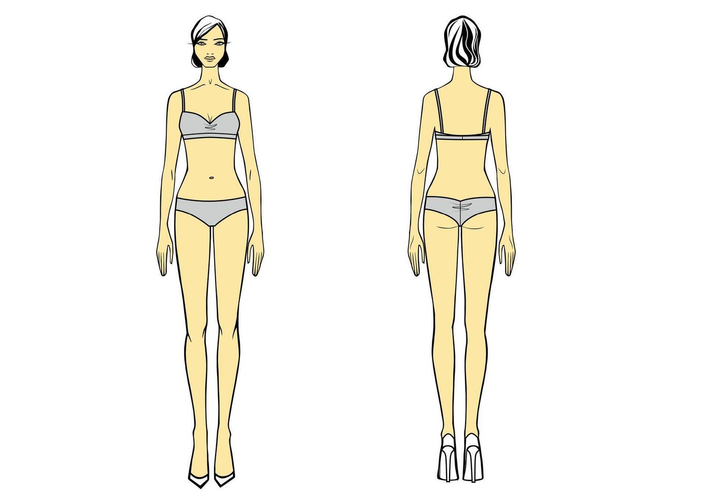 Full length front, back view of a standing woman in swimsuit vector