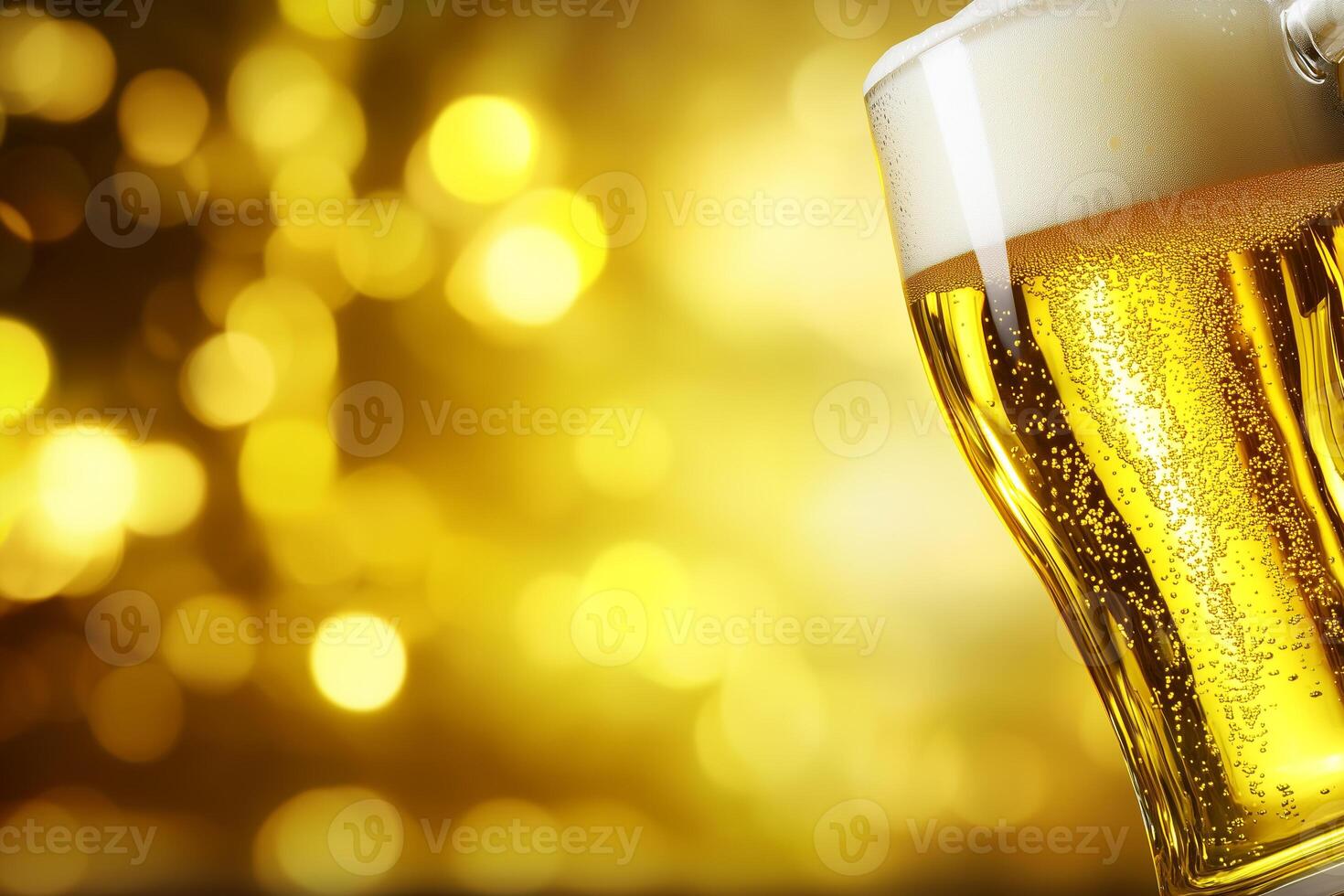 Refreshing Beer Glass with Frothy Bubble in Sparkling Background of Soft Golden Waves photo