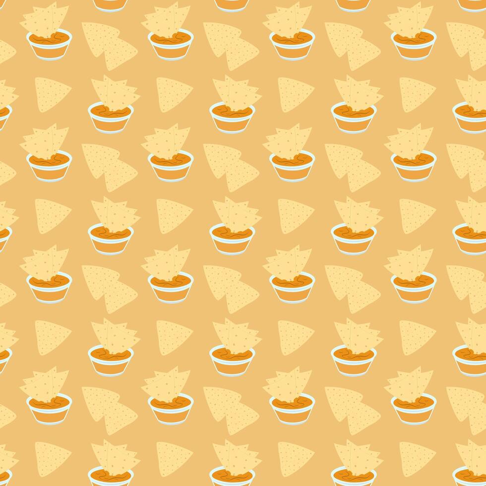 Nacho dipping cheese sauce in glass gravy boat Monochrome Seamless pattern Nacho Day Background idea. Isolated illustration Wallpaper, wrapping, packing or web promo banner, leaflet, menu cards vector